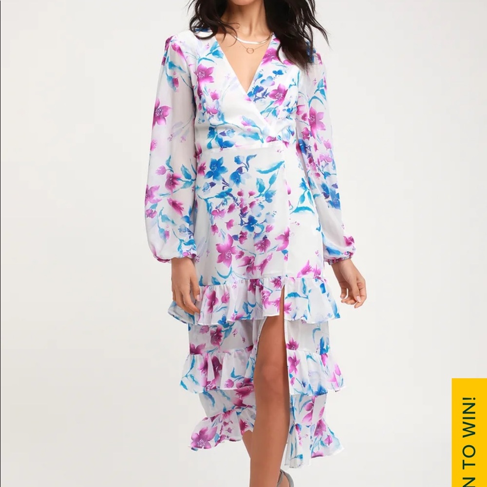 Lulu’s Sweet Sunday Cream and Purple Floral Print Midi Dress